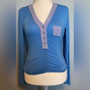 POL Ruched Button Front Henley Top Blue Lilac Trim Boho Indie Y2K Soft Medium